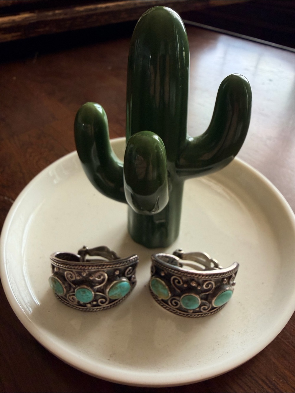 925 Silver Navajo Turquoise Silver RARE CLIP ON Earrings - Green Blue Turquoise